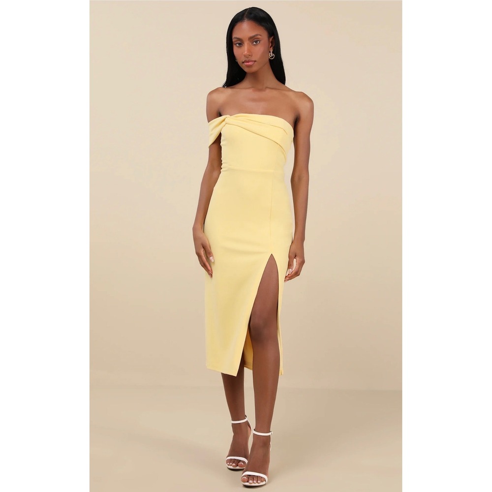 Lulus Pale Yellow Off the Shoulder Knotted‎ Midi Dress D3761 Womens Size L
